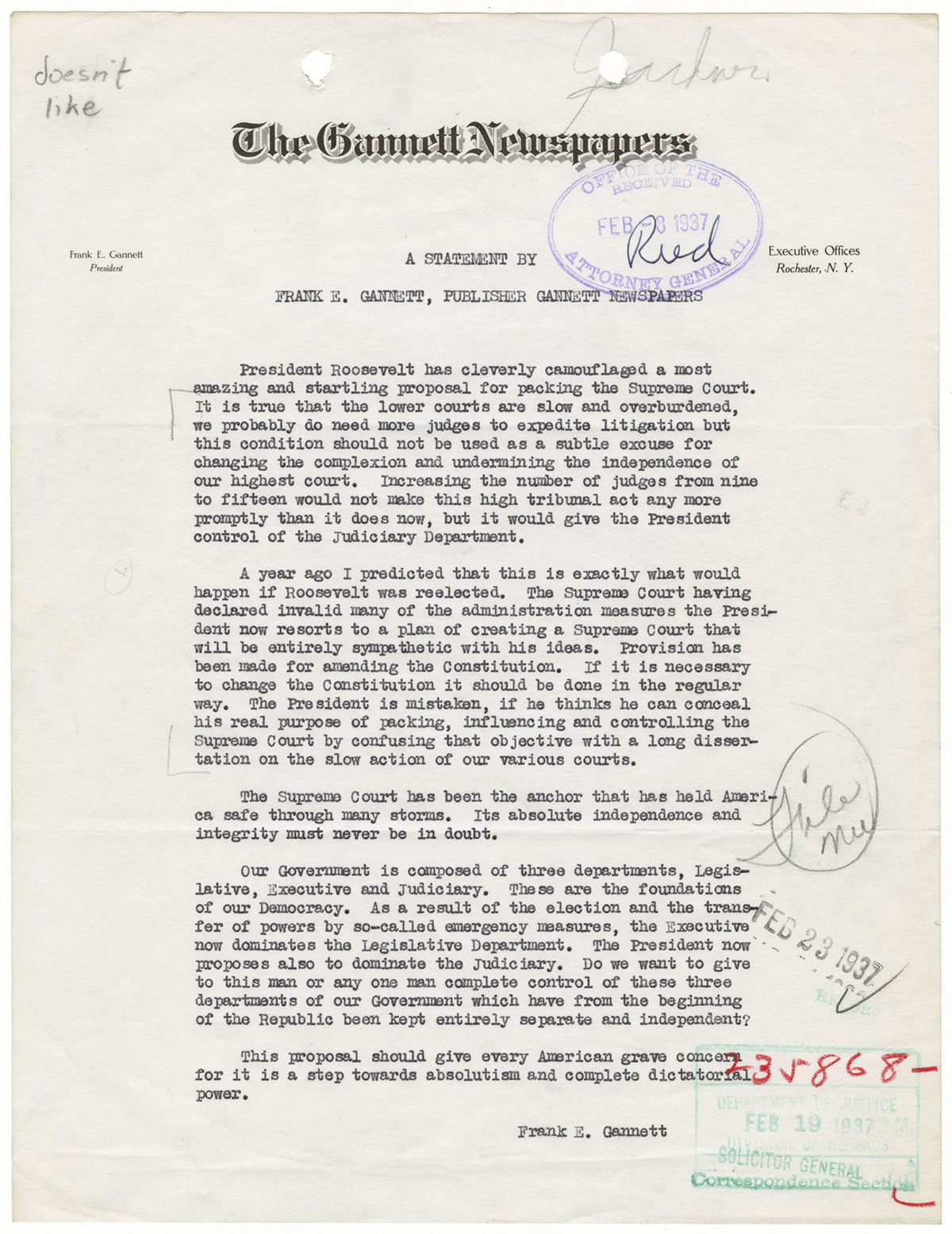 FDR and the Court-packing Controversy: Frank Gannett letter