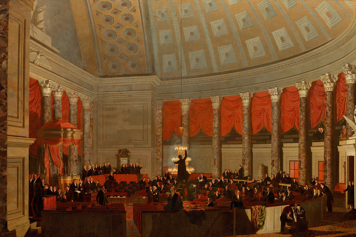 The Marshall Court: The Justices are seated on the dais on the far side of the chamber in this evening session of the House of Representatives, c. 1822