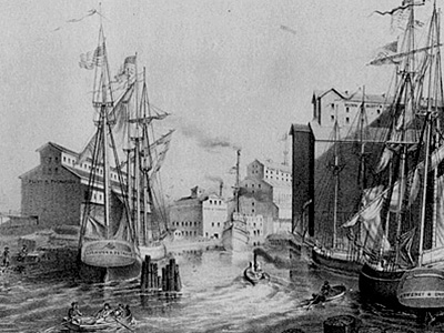 The Waite Court: 1866 view of a grain elevator on the Chicago River
