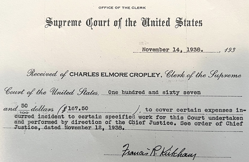 SCOTUS Scoop: Impressions of a Law Clerk’s Wife, 1930 — Francis R. Kirkham's paycheck for writing a lawyers' handbook about Supreme Court practice